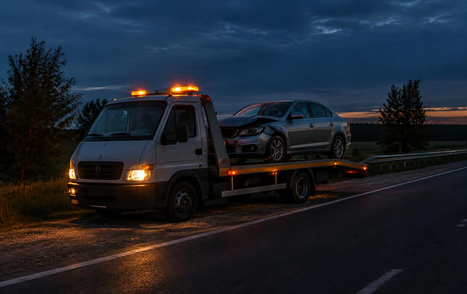Laweta pomocy drogowej przewożąca uszkodzony samochód